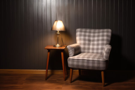 gray flannel armchair beside a dark wooden desk, created with generative aiの素材