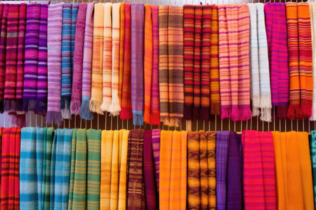 display of handmade woven scarves and shawls, created with generative aiの素材