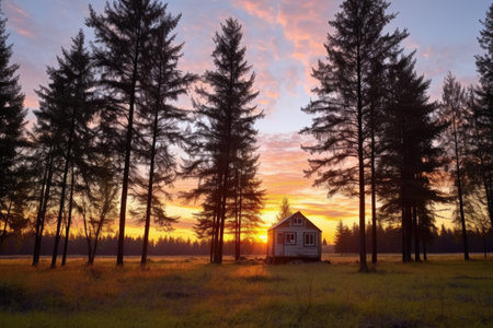 tiny house with tall trees as backdrop during sunrise, created with generative aiの素材