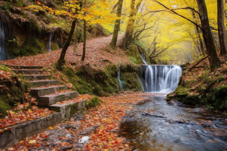 autumn-colored trail close to a waterfall, created with generative aiの素材