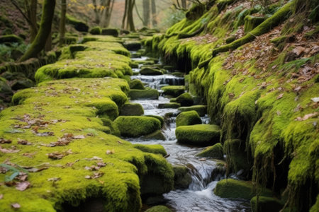 mossy stone path beside a babbling brook, created with generative aiの素材