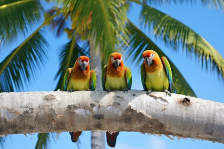 parrots perching on a coconut palm, created with generative aiの素材