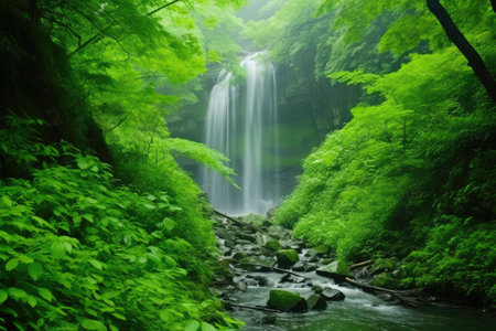 waterfall cascading through the misty, green foliage, created with generative aiの素材