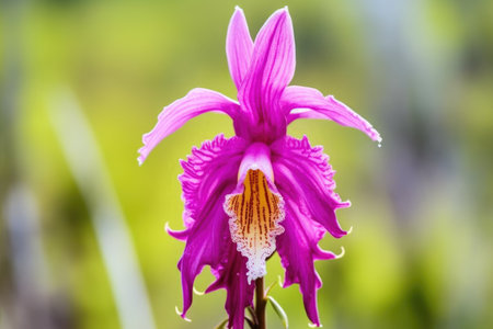 close-up of a bright orchid blooming in the wild, created with generative aiの素材