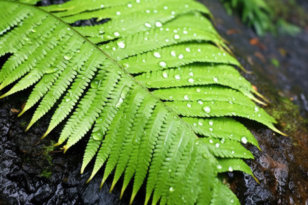 prehistoric looking fern leaves covered in dew, created with generative aiの素材