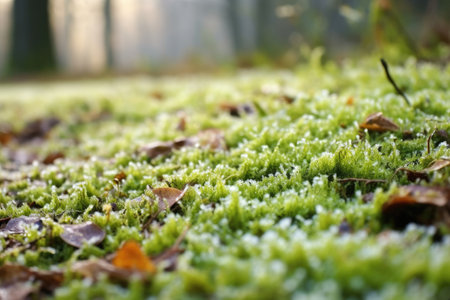 moss covered ground close-up with frost, created with generative aiの素材