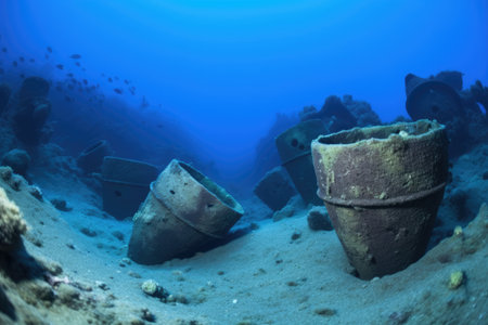 tilted ceramic pots on seabed, remnants of a shipwreck, created with generative aiの素材