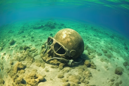 bronze helmet lying on seabed, part of a shipwreck, created with generative aiの素材