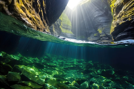 picture of shimmering sunlight filtering down an underwater canyon, created with generative aiの素材
