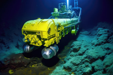 robotic submersible at a seabed revealing mineral deposits, created with generative aiの素材