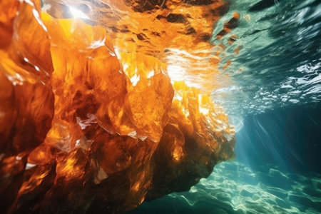 close-up view of orange lava spewing out of an underwater volcano, created with generative aiの素材
