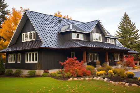 large house with an asymmetrical metallic roof, created with generative aiの素材
