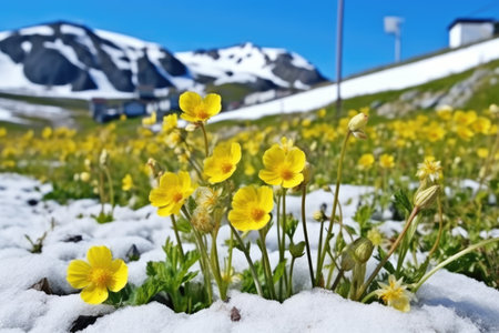 bright yellow mountain avens in a white landscape, created with generative aiの素材
