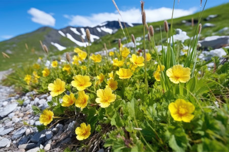 bright yellow mountain avens in a white landscape, created with generative aiの素材