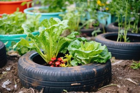 vegetables growing in painted tires in a city garden, created with generative aiの素材