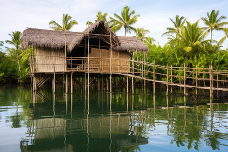 bamboo hut on stilts above water, created with generative aiの素材