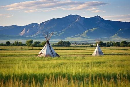 tepee tipi in prairie with mountain view, created with generative aiの素材