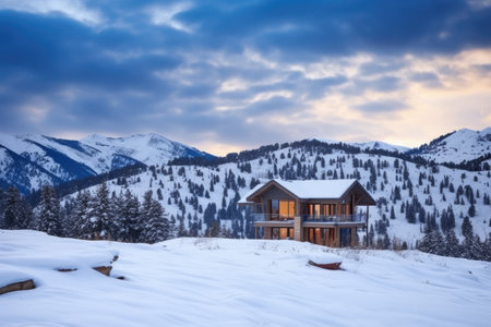 modern cabin nestled in snowy mountains, created with generative aiの素材