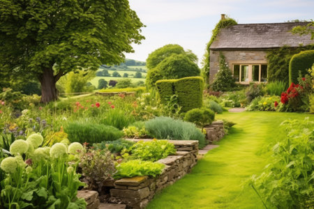 stone cottage with garden in countryside, created with generative aiの素材
