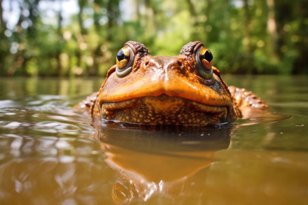 cane toad in swampy water, created with generative aiの素材