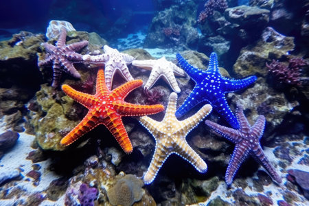 an array of colorful, non-venomous sea stars underwater, created with generative aiの素材