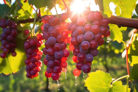 the sun reflecting off dew-soaked red vineyard grapes, created with generative aiの素材