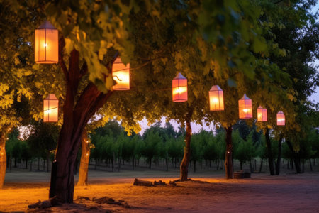 lanterns hanging from trees in a vineyard at dusk, created with generative aiの素材