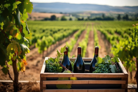 close-up of wine bottles in crates with a vineyard in the backgound, created with generative aiの素材