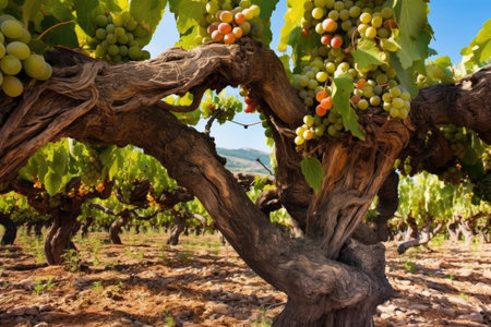 old, knotty grapevines, bearing fruit, created with generative aiの素材
