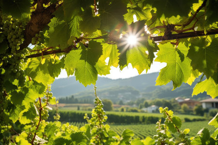 sun peeking through densely planted grape vines, created with generative aiの素材