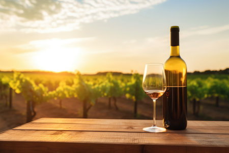 sunset reflecting on wine bottle in vineyard, created with generative aiの素材