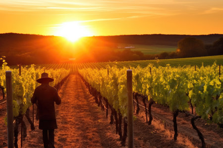 vineyard field with scarecrow at sunset, created with generative aiの素材