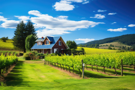 farmhouse amidst vibrant vineyard landscape, created with generative aiの素材