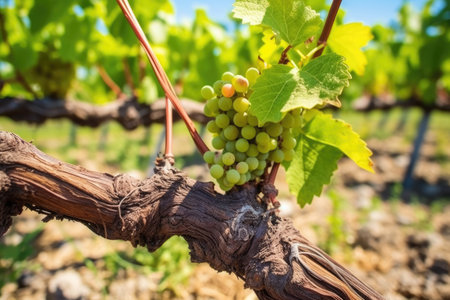 close-up of grapevine rootstock growing in vintage vineyard, created with generative aiの素材