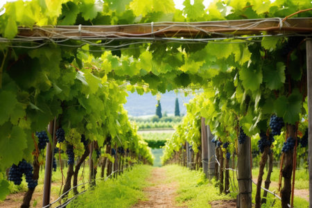grapevines trailing over trellis in vineyard, created with generative aiの素材