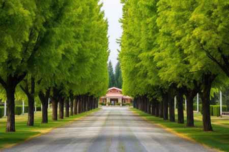 tree-lined driveway leading to a traditional winery building, created with generative aiの素材