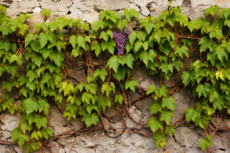 detailed shot of grape vines crawling on a resort wall, created with generative aiの素材
