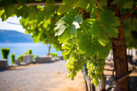 close-up of a grape vine, resort pathways in the background, created with generative aiの素材