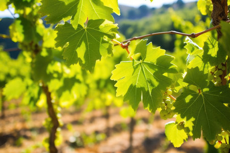 shallow focus of sunlit grapevines in vineyard, created with generative aiの素材