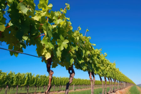 row of vines with ripe grapes and clear blue sky, created with generative aiの素材
