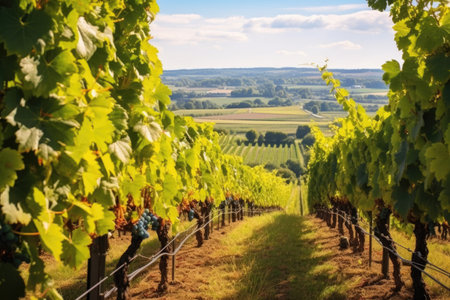 sunny vineyard landscape with leafy grapevines, created with generative aiの素材