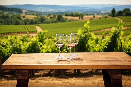 a rustic wooden table with wine glasses on vineyard background, created with generative aiの素材