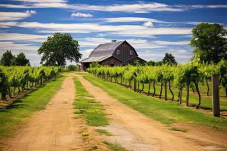 vineyard pathways leading to a barn, created with generative aiの素材