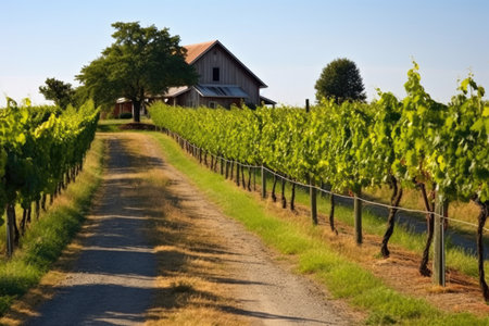 vineyard pathways leading to a barn, created with generative aiの素材