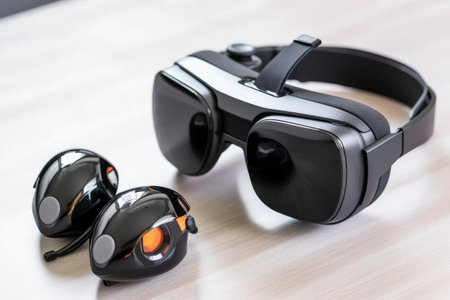 shot of a vr headset next to a gamepad, created with generative aiの素材