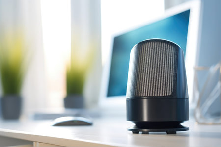 a voice-activated speaker on a tidy office desk, created with generative aiの素材