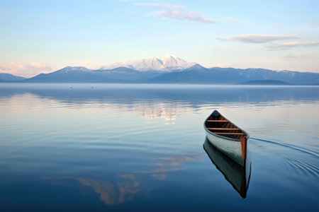 canoe floating on tranquil lake with distant mountains, created with generative aiの素材