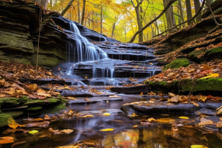 gentle waterfall flowing over colorful autumn leaves, created with generative aiの素材