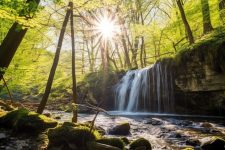 crisp sunlight piercing through trees onto a waterfall, created with generative aiの素材