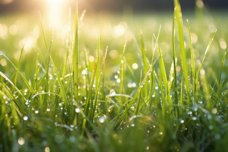 closeup shot of dew on grass blades in a meadow, created with generative aiの素材